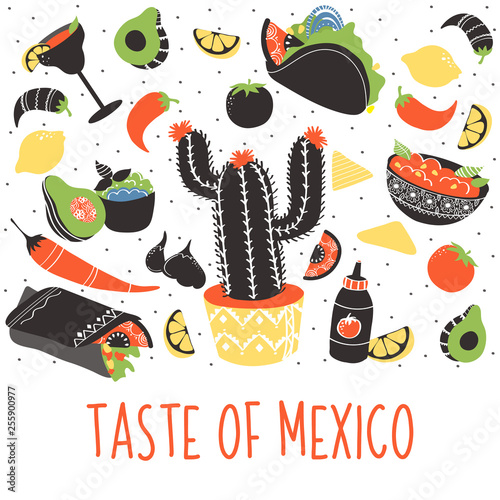 Set of colorful hand drawn Mexican food elements: burrito, taco, margarita, lemon, cactus, tomato. Hand drawn food for restaurant menu, banner, flyer, print design.