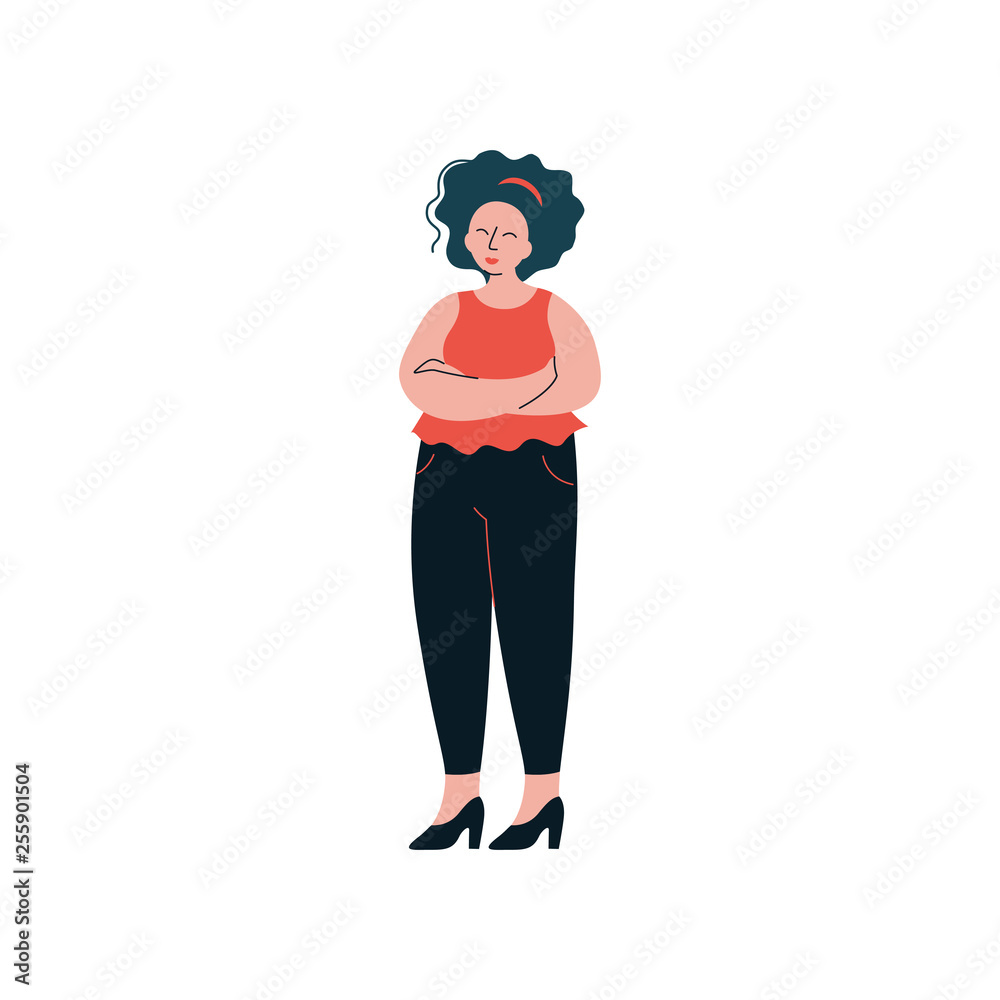 Attractive Brunette Curvy Girl, Beautiful Plus Size Plump Woman Vector Illustration