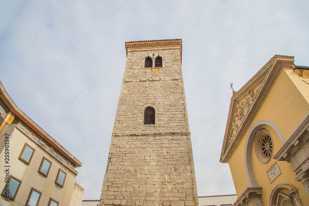 Rijeka, Croatia, old stone church tower in city center