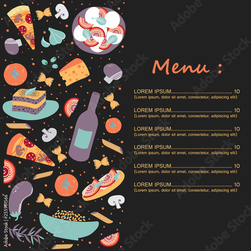 Italian cuisine vector illustration with caprese salad, olive oil, macaroni, spaghetti, garlic, tomato, cheese, eggplant, mushroom, pizza, bruschettas. Hand drawn food menu, flyer, print, banner. 