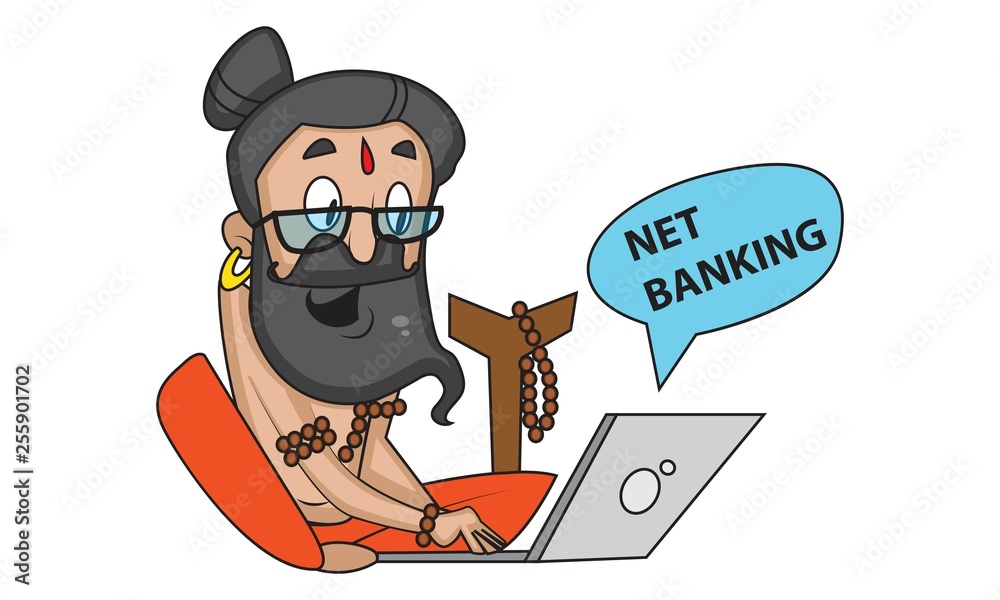 Vector cartoon illustration of cute data baba doing net banking. Isolated  on white background. Stock Vector | Adobe Stock