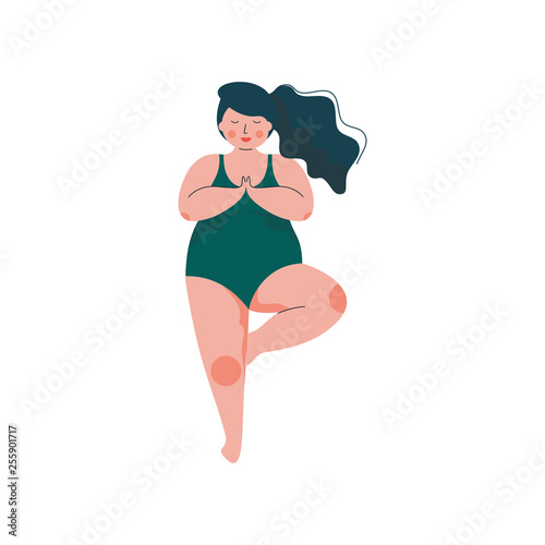 Beautiful Plus Size Curvy Woman in Vrikshasana Position, Plump Girl in Swimsuit Practicing Yoga, Sport and Healthy Lifestyle Vector Illustration