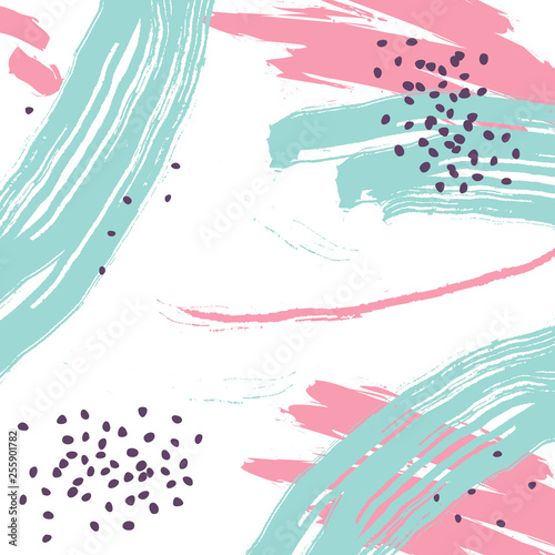 Abstract vector background with rough brush strokes, hand drawn dots, grain, textures and minimalist elements. Suitable for creating greeting cards, invitations, banners, web, flyers, brochures