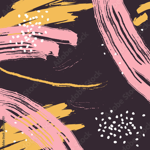 Abstract vector background with rough brush strokes, hand drawn dots, grain, textures and minimalist elements. Suitable for creating greeting cards, invitations, banners, web, flyers, brochures
