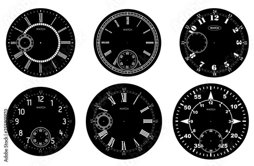 Clock face blank set isolated on white background. Vector watch design. Vintage roman numeral clock illustration. White number round scale on black circle.