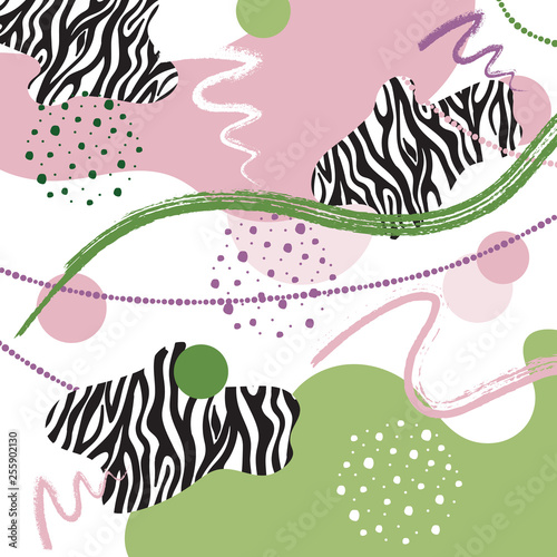 Abstract vector background with rough brush strokes, grain, hand drawn zebra texture and minimalist elements. Suitable for greeting cards, invitations, banners, web, covers, brochures, flyers.