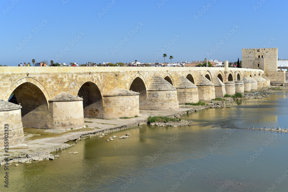 People walking on the historic Roman Bridge spanning the Rio Guadalquivir in Cordoba, Andalucia, Spain