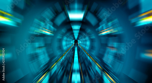 Abstract zoom effect in a blue dark tunnel background with traffic lights