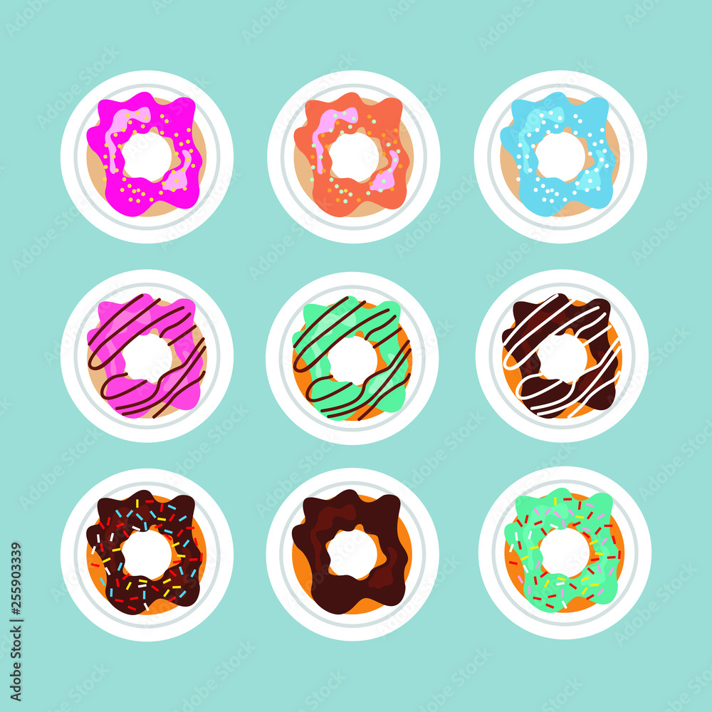  Set of donuts in cartoon style, vector illustration isolated on blue backgorund