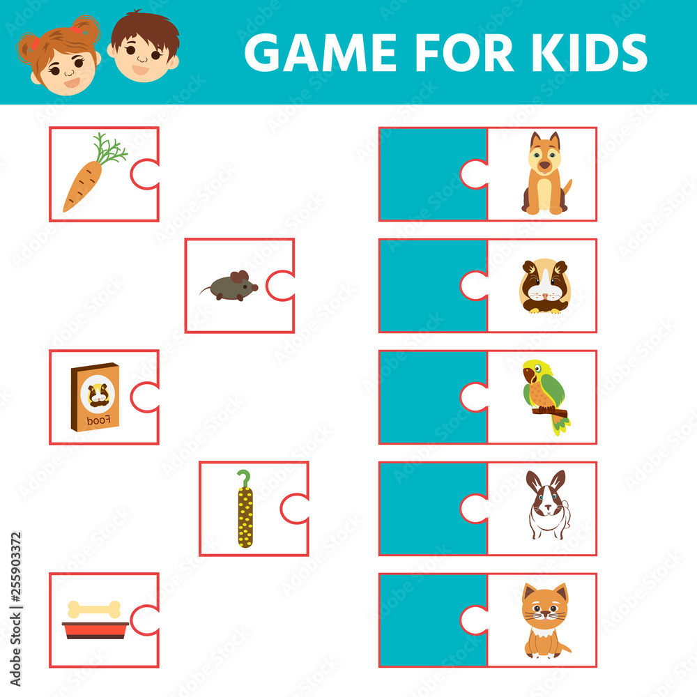 Educational game for kids. Find the couple. Kids activity with animals and food. Game tasks for attention Educational game for kids. Find the couple. Kids activity with animals and food. Game tasks for attention