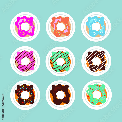  Set of donuts in cartoon style, vector illustration isolated on blue backgorund
