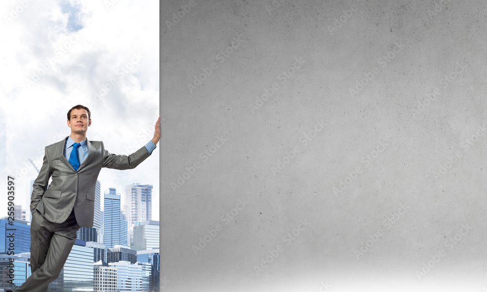 Guy and concrete empty banner