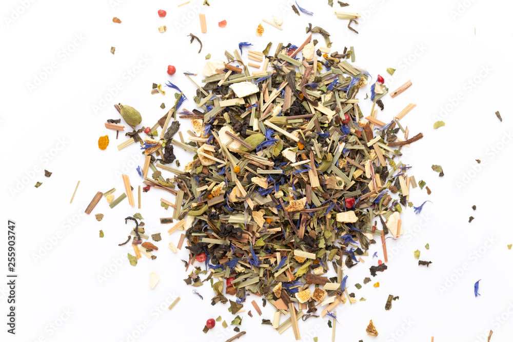 Herbal tea on a white background. Top view. Herbal tea on a white background. Top view.
