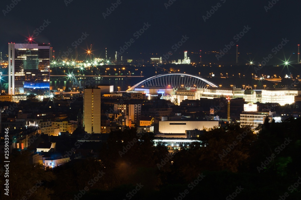 Night view on the city. Red lights, buildings, bridge and factory.