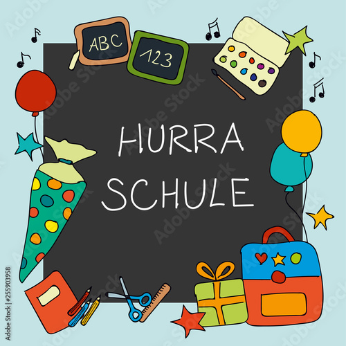 Bunte Einschulung Schulstart Schule Illustration im 1:1 Format