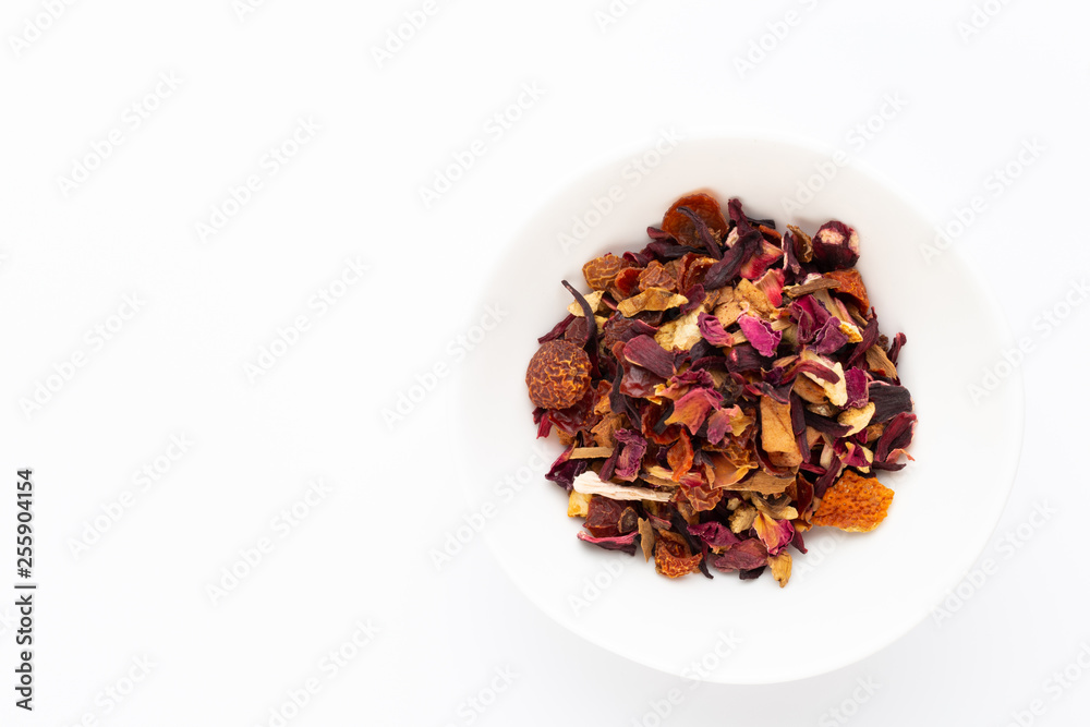 Herbal tea on a white background. Top view.