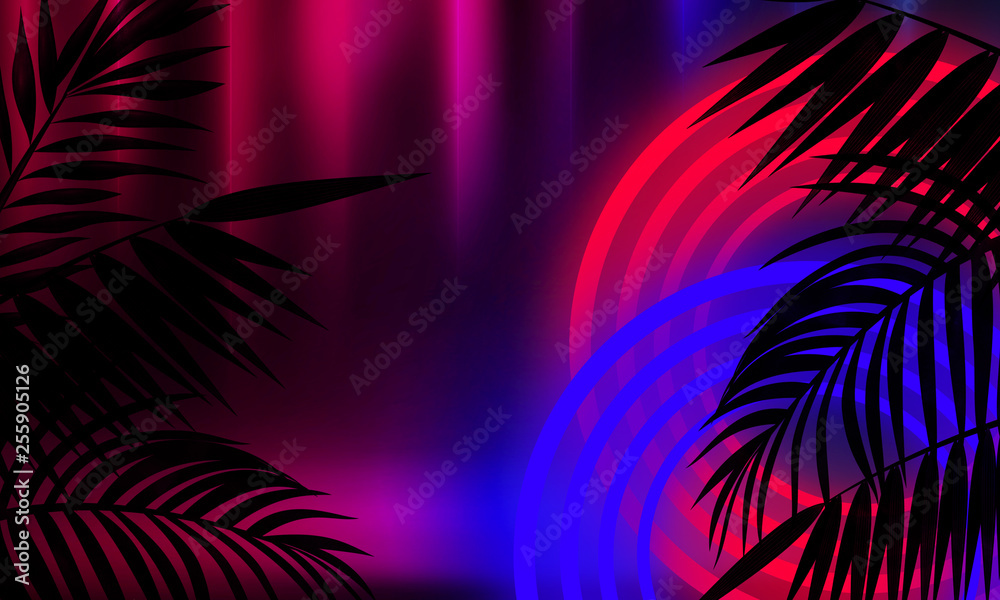 Background of the dark room, tunnel, corridor, neon light, lamps, tropical leaves. Abstract background with new light.