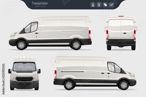Detailed Cargo Van vector template. Realistic White Cargo Van isolated on grey background. Vector