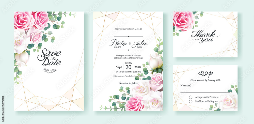 Pink and white rose flowers Wedding Invitation, save the date, thank you, rsvp card Design template. Vector. Silver dollar eucalyptus leaves, Ivy plants.
