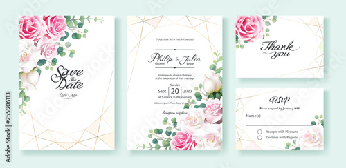 Pink and white rose flowers Wedding Invitation, save the date, thank you, rsvp card Design template. Vector. Silver dollar eucalyptus leaves, Ivy plants.