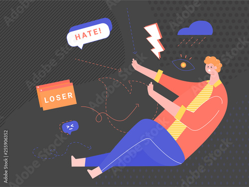 Cyberbullying, bullying using electronic means, online pressure. Posting rumors, threats, sexual remarks, a victims' personal information, or pejorative labels. Man victim is scared.