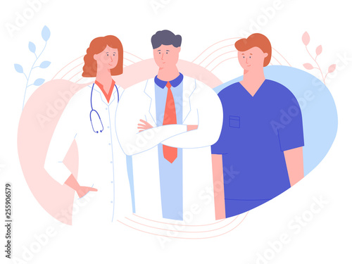 Three doctors on a pastel background. A man and two women in white coats. Medicine, hospital workers, online consultation on diseases. Vector illustration.