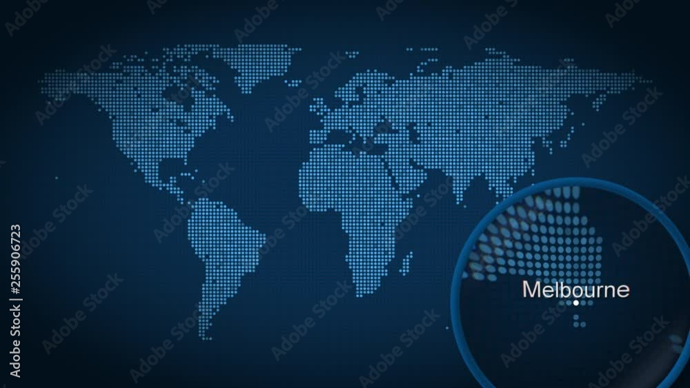 Magnifying glass searches and finds the city of Melbourne on dotted world map. Intro animation Magnifying glass searches and finds the city of Melbourne on dotted world map. Intro animation