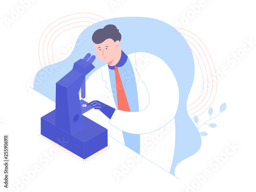 Young man scientist or doctor looks through a microscope in a laboratory. Diagnostic tests, analyzes. Vector illustration.