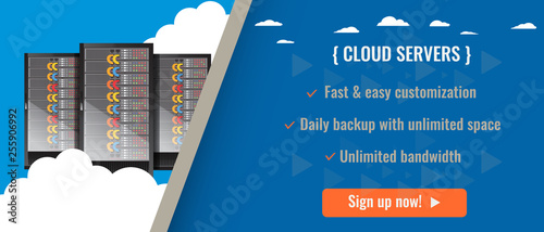 Web hosting server or cloud server advertisement template layout design. Vector illustration.
