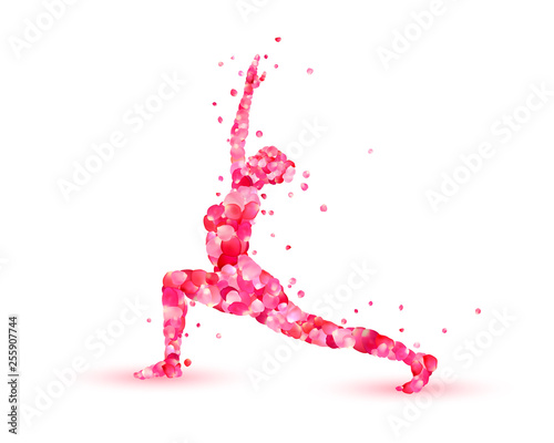Yoga virabhadrasana. Warrior pose. Ppink petals