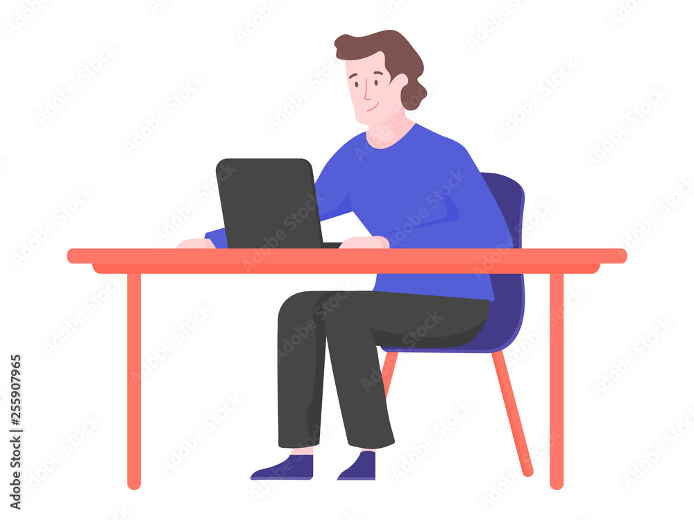 Young man is siting at a desk in front of a laptop. Freelance, remote work and in the office. Vector illustration on white background.