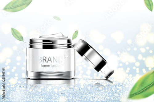 Luxury cosmetic Bottle package skin care cream, Beauty cosmetic product poster, with Green tea and Glitter on blue background