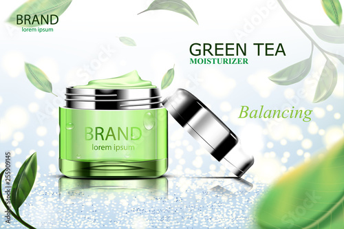 Luxury cosmetic Bottle package skin care cream, Beauty cosmetic product poster, with Green tea and Glitter on blue background