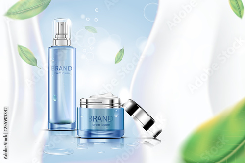 Luxury cosmetic Bottle package skin care cream, Beauty cosmetic product poster, with Bokeh and Water background