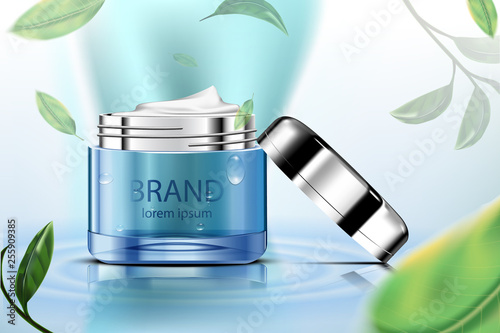 Luxury cosmetic Bottle package skin care cream, Beauty cosmetic product poster, with Green tea and water on blue background