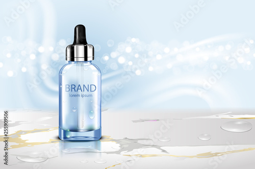 Luxury cosmetic Bottle package skin care cream, Beauty cosmetic product poster, with bokeh and Mable floor on blue background