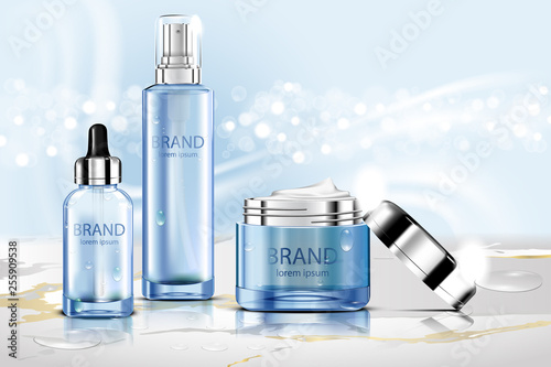 Luxury cosmetic Bottle package skin care cream, Beauty cosmetic product poster, with bokeh and Mable floor on blue background