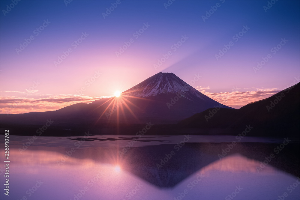 Mt.Fuji and reflection at Lake Motosu in the morning of winter