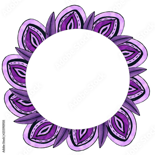 purple feathers marker style frame design. Composition with colorful bird feathers. Design for greeting card, invitation, wedding design, cosmetic