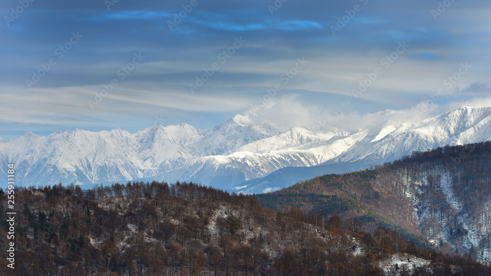 Fagaras Mountains covered in snow in late Autumn