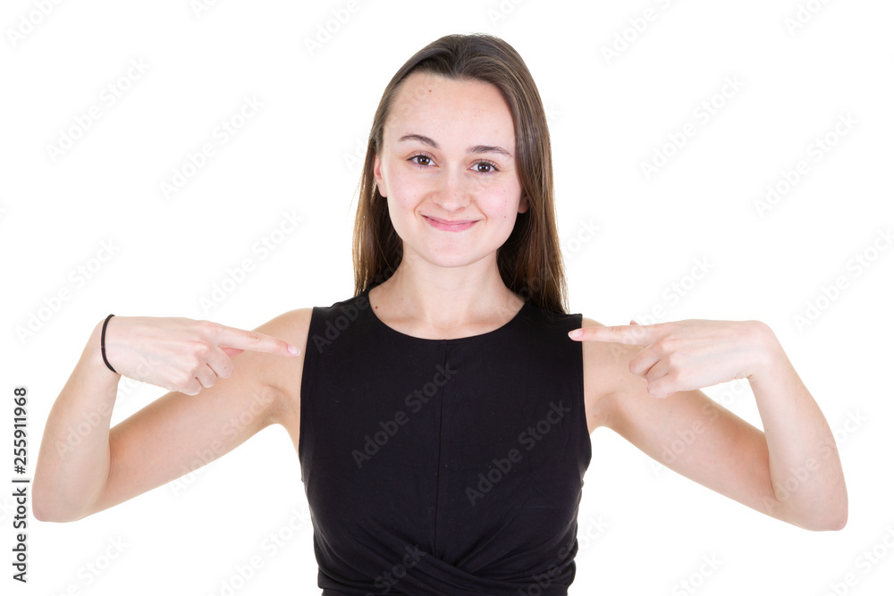 pretty young woman pointing at herself pretty young woman pointing at herself