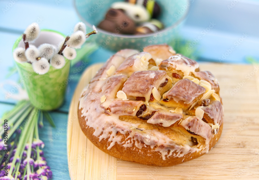 easter bread bakery on decorated easter table, background with copy space easter bread bakery on decorated easter table, background with copy space