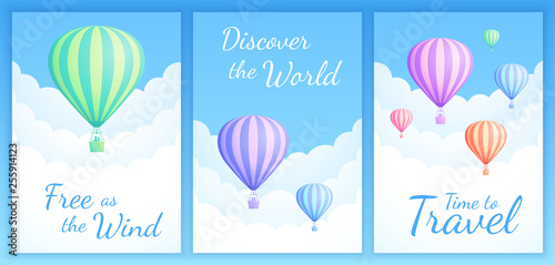 Hot air balloon cloud scape vector illustration. Set of travel banner with colorful striped hot air balloons, white clouds and summer blue sky for birthday invitation or promo. Clipping mask applied.
