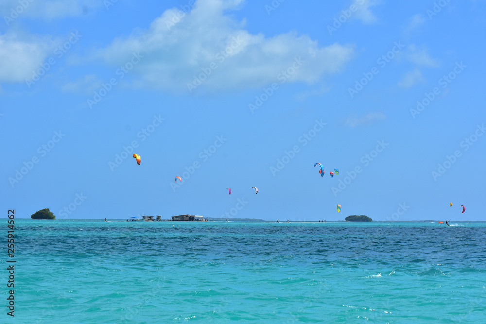 People practicing kitesurfing on a beautiful summer day - Caribbean - Archipelago of Los Roques - Venezuela