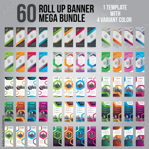 60 Bundle of 4 Different Color Business Roll Up. Standee Design. Banner Template. Presentation and Brochure. Vector illustration	