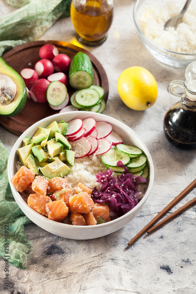Poke bowl, traditional Hawaiian raw fish salad