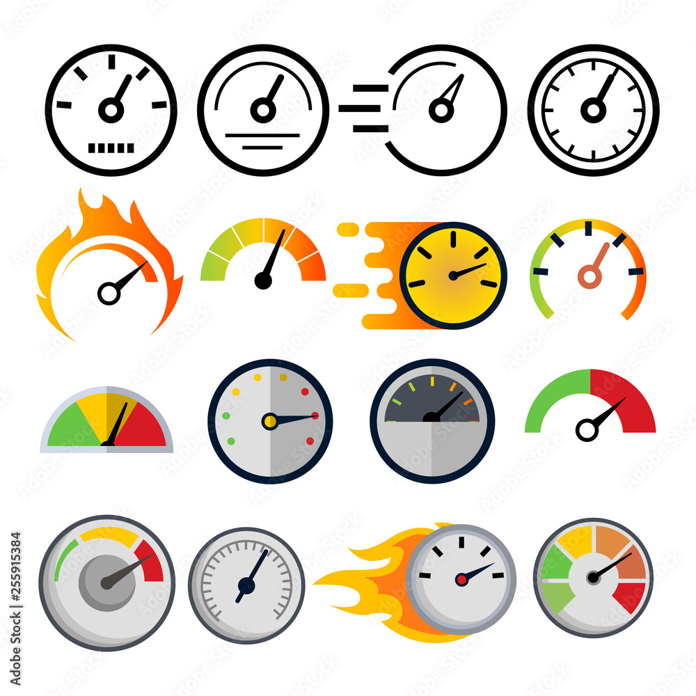 Speedometer Icon Set Vector. Speed Symbol. Auto Power. Automobile Interface. Transportation Element. Fast Indicator. Measure Progress Km. Line, Flat Illustration