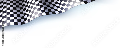 Car race or motorsport rally flag on white. Checkered flag for car or motorsport rally. Three dimensional vector illustration for races, competitions, lotto, bookmakers office, promotion of rates.