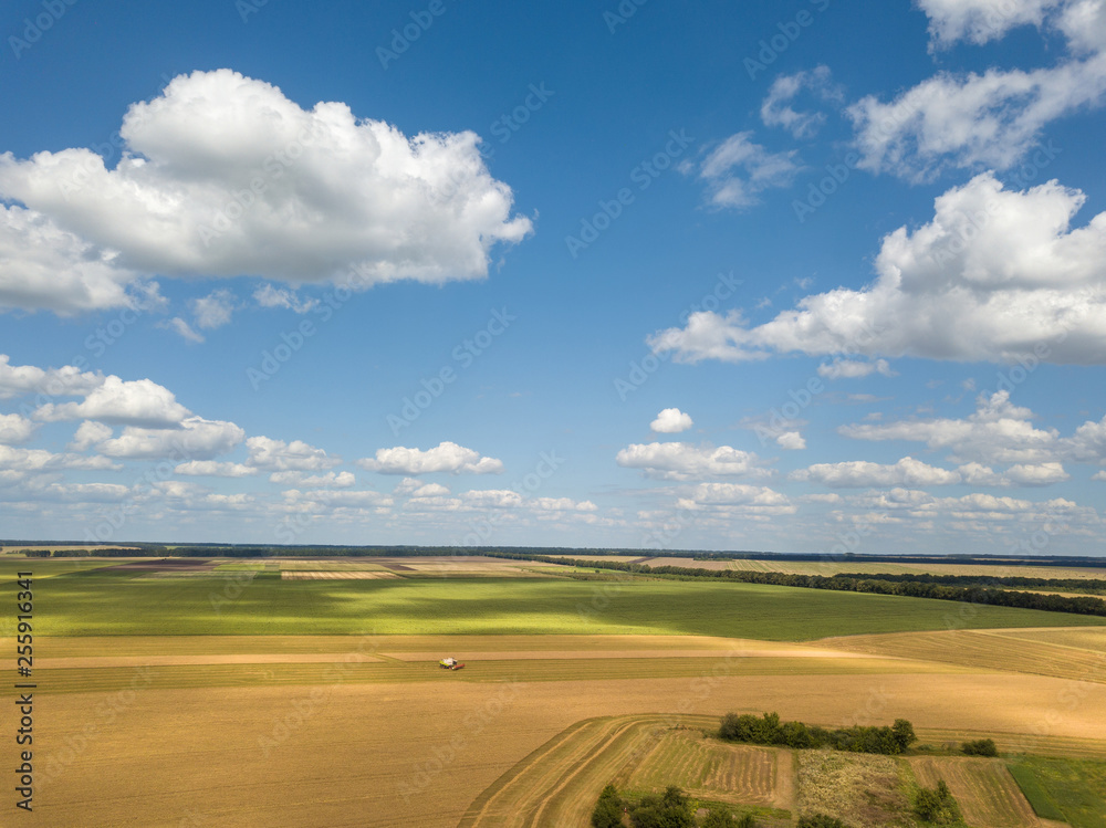 Panoramic landscape with endless farmlands and white big clouds in a blue sky in a summer day. Aerial view from drone. Panoramic landscape with endless farmlands and white big clouds in a blue sky in a summer day. Aerial view from drone.