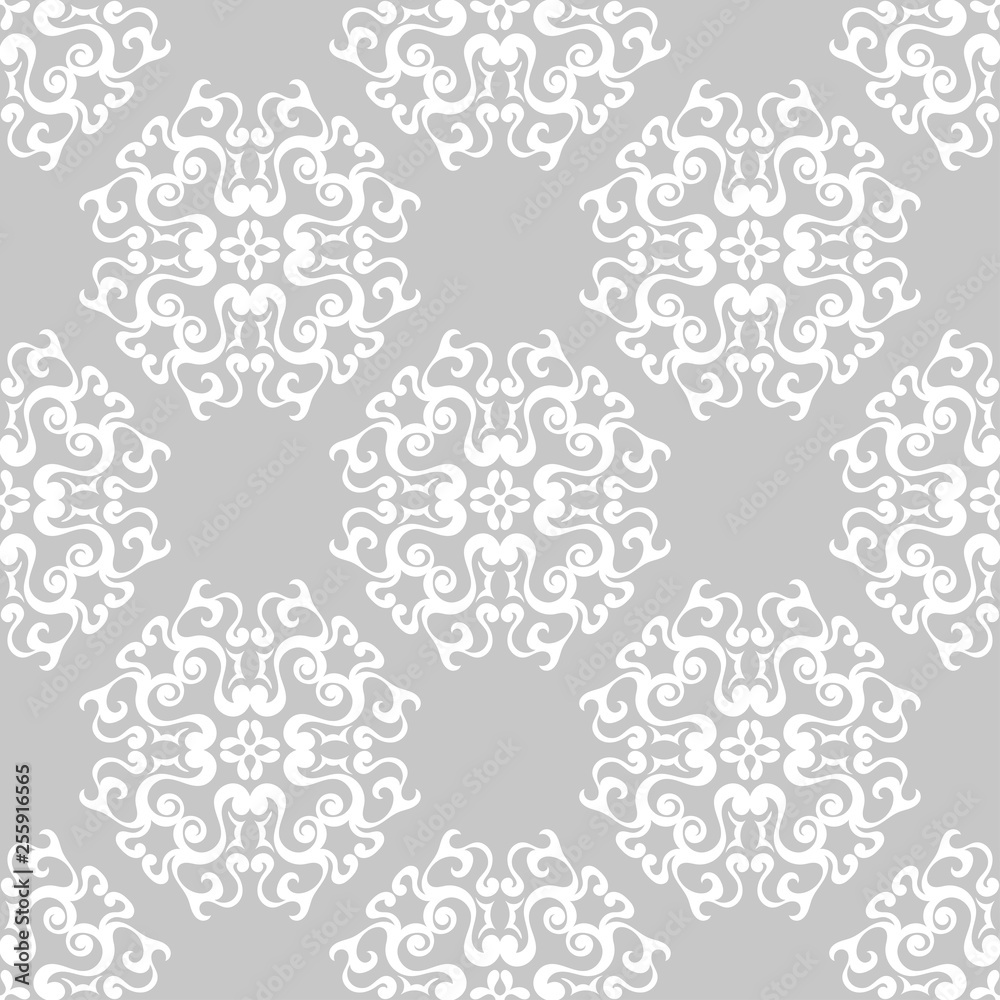  Monochrome seamless pattern. White flowers on gray background